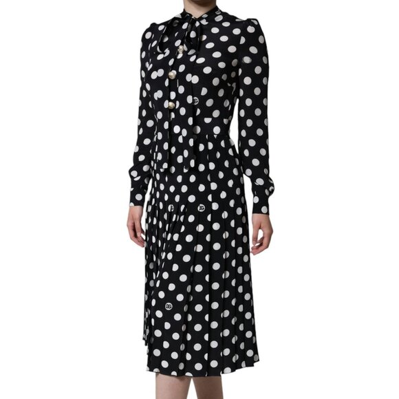 Dolce & Gabbana Black White Polka Dot Ascot Collar Midi Dress IT40 S - Picture 2 of 6